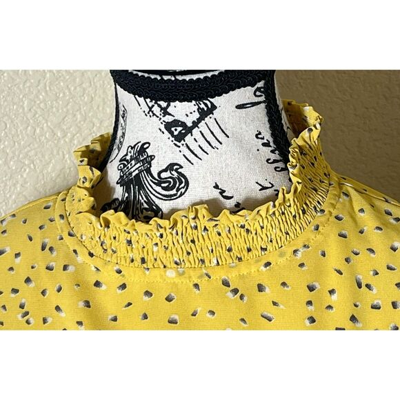 She & Sky Smocked Neck Yellow Print Dress Ruffled Long Sleeve Med Cottage BOHO - Picture 6 of 11